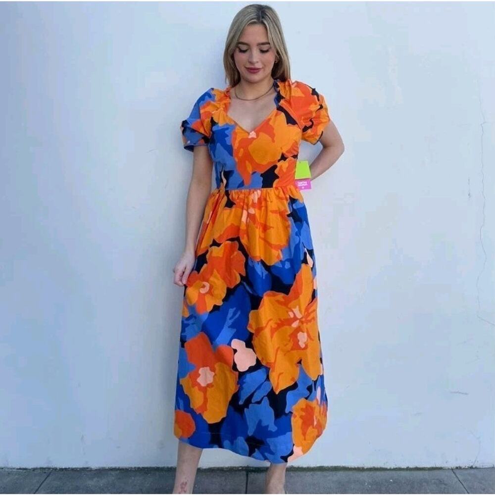 Tabitha Brown Target Orange Blue‎ Floral Tropical Puff Sleeve Midi Dress Size 14